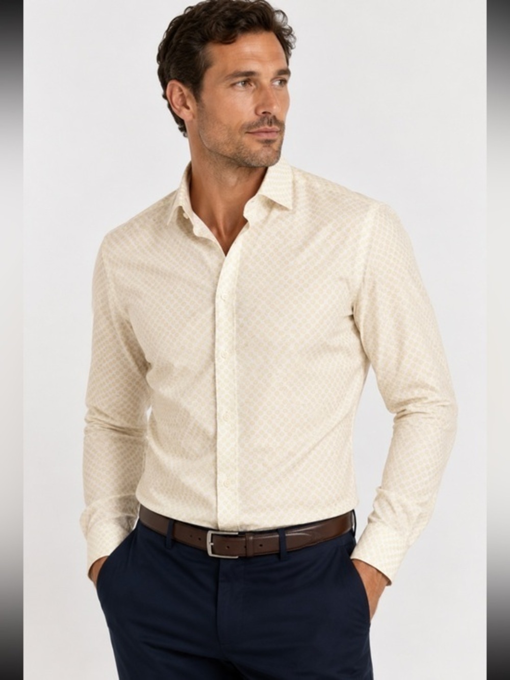 Emanuel Berg Modern Fit Men’s Dress Shirt 15.5 M Cream Yellow Polka Dot